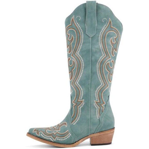 Women's Green Knee High Western Snip Toe Side Zipper Chunky Heel Boots - Picture 3 of 7